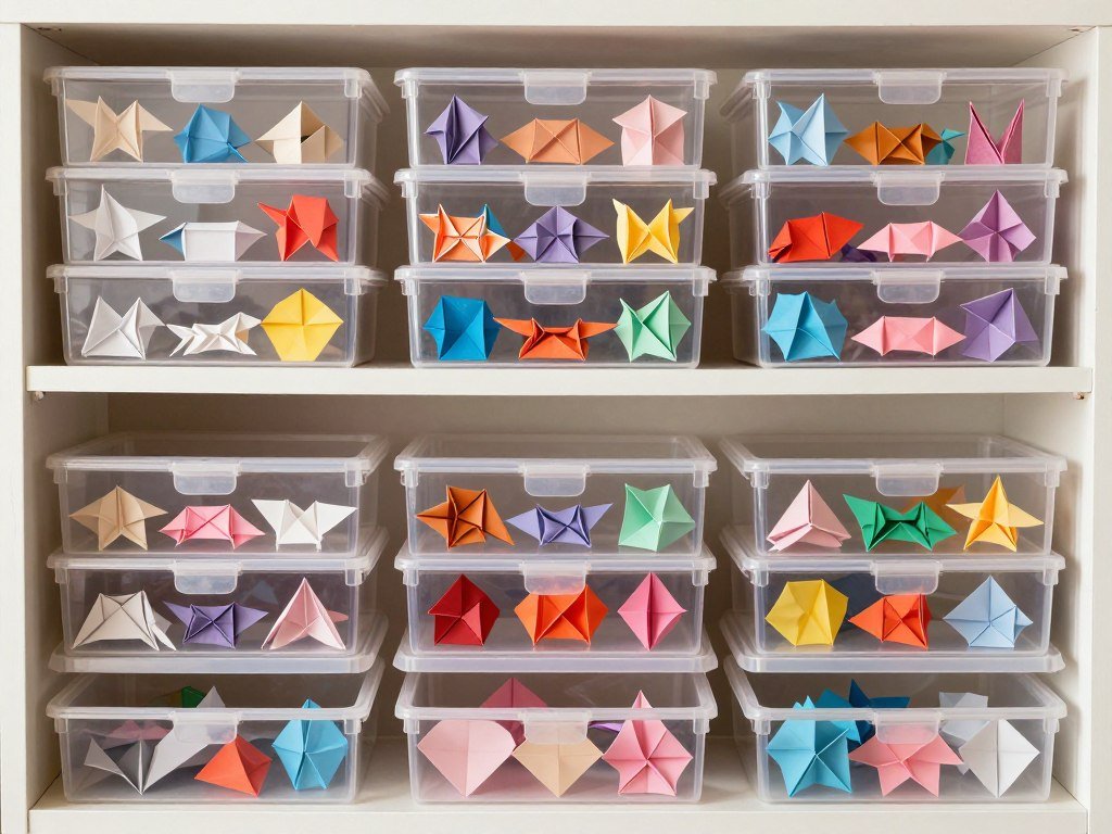 Organized storage solution showing origami projects preserved in protective containers