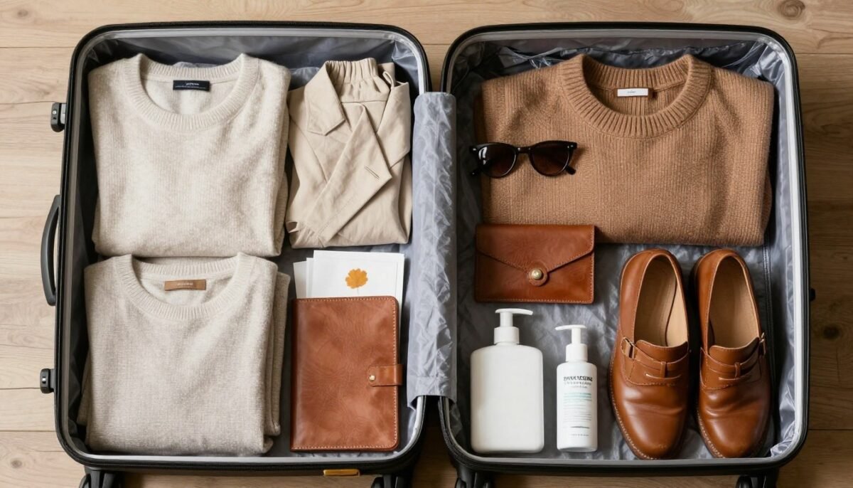 Organized suitcase with Italian fall fashion outfits packed neatly