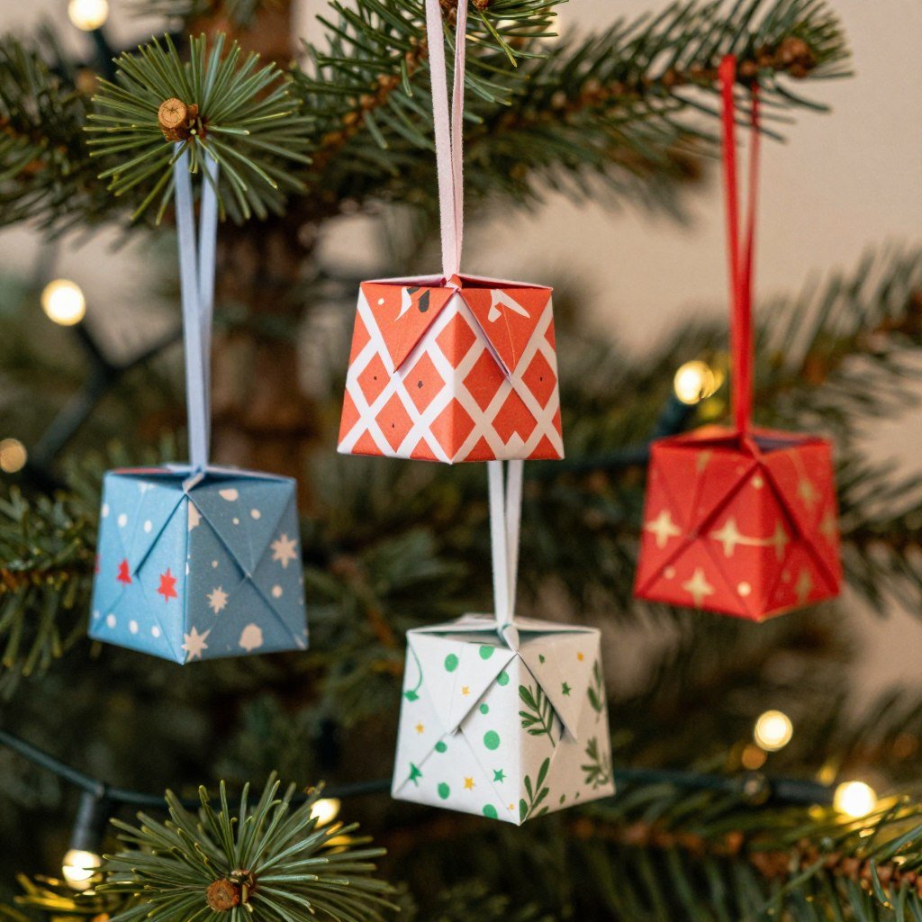 Origami Christmas ornament boxes hanging on a tree branch