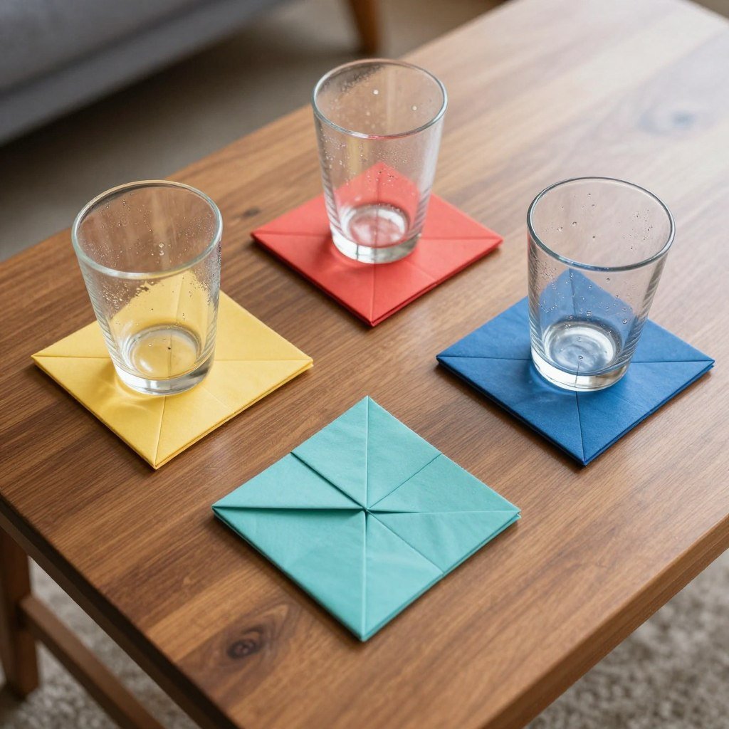 Origami coasters set protecting a table surface under drinking glasses