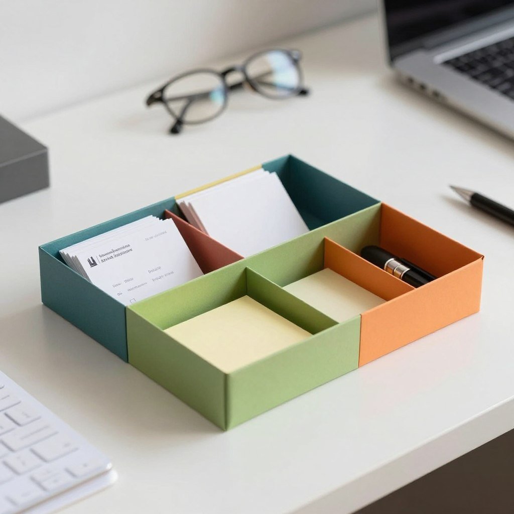 Origami desk tray with compartments holding business cards, notes, and small office items
