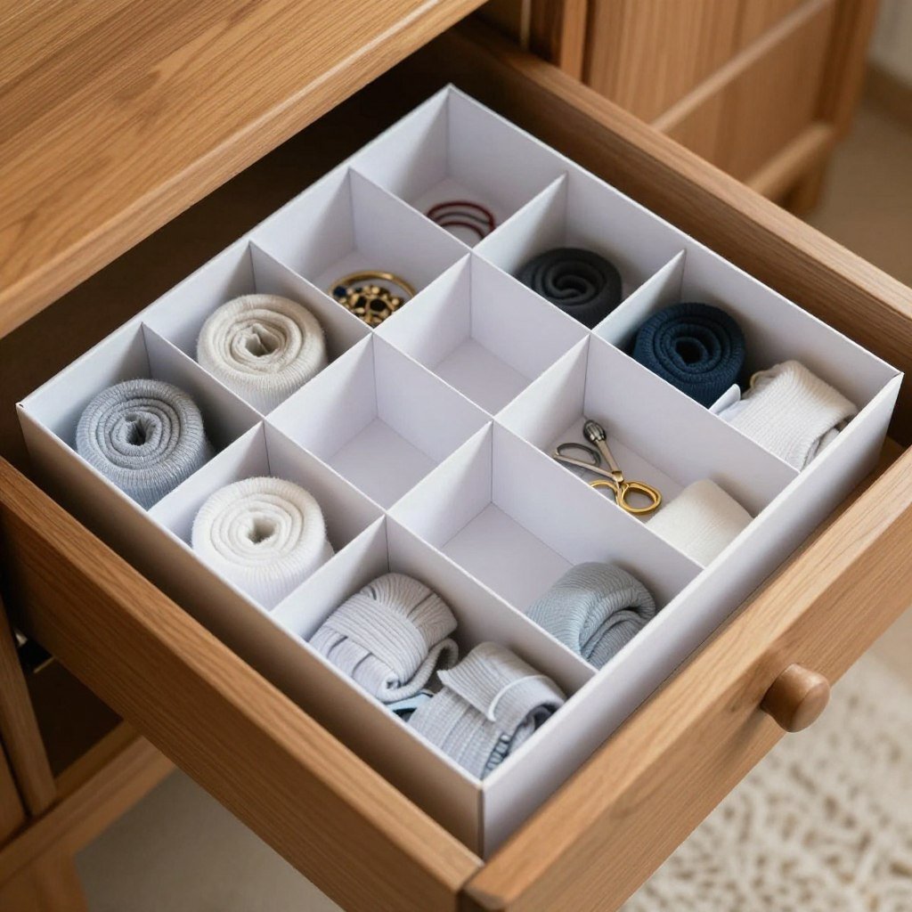 Origami drawer divider in a wooden drawer organizing socks and accessories