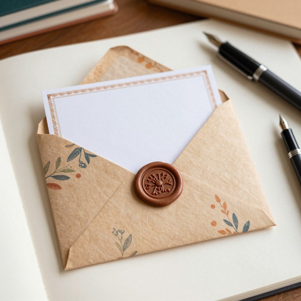 Origami envelope with a decorative seal containing a greeting card