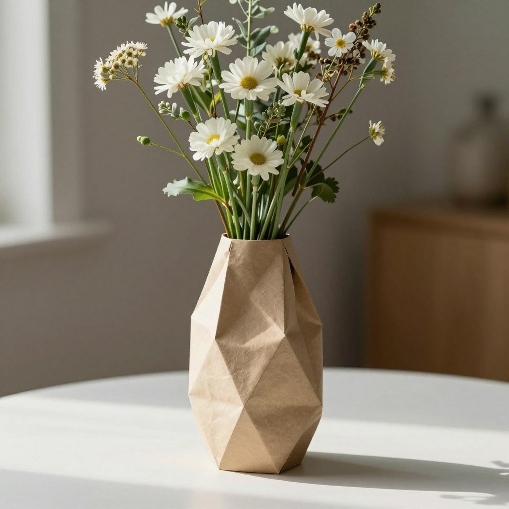 Origami flower vase holding fresh or paper flowers on a table