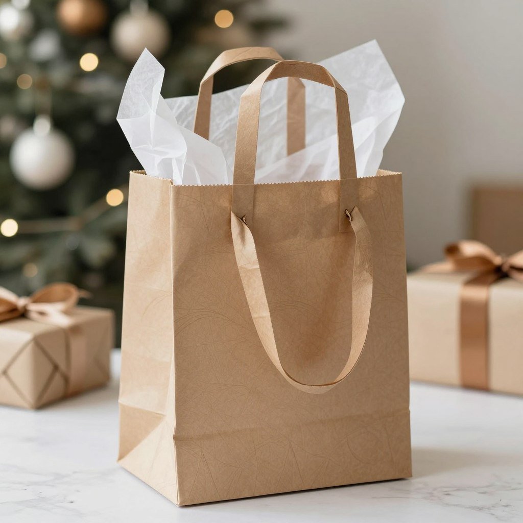 Origami gift bag with handles holding a wrapped present