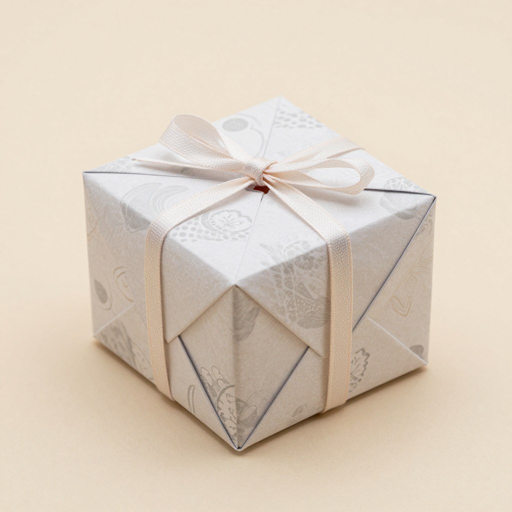 Origami gift box with lid, decorated with ribbon, containing a small gift