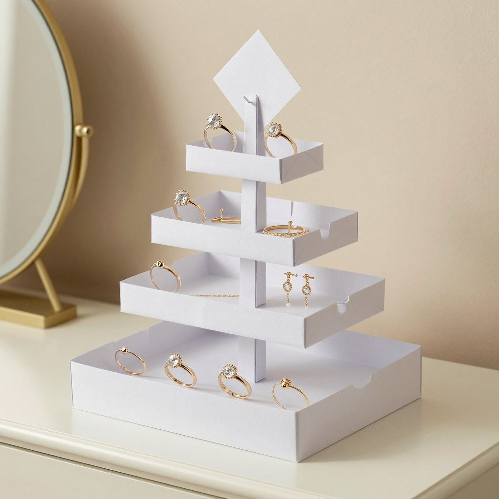 Origami jewelry holder displaying rings, earrings, and small necklaces