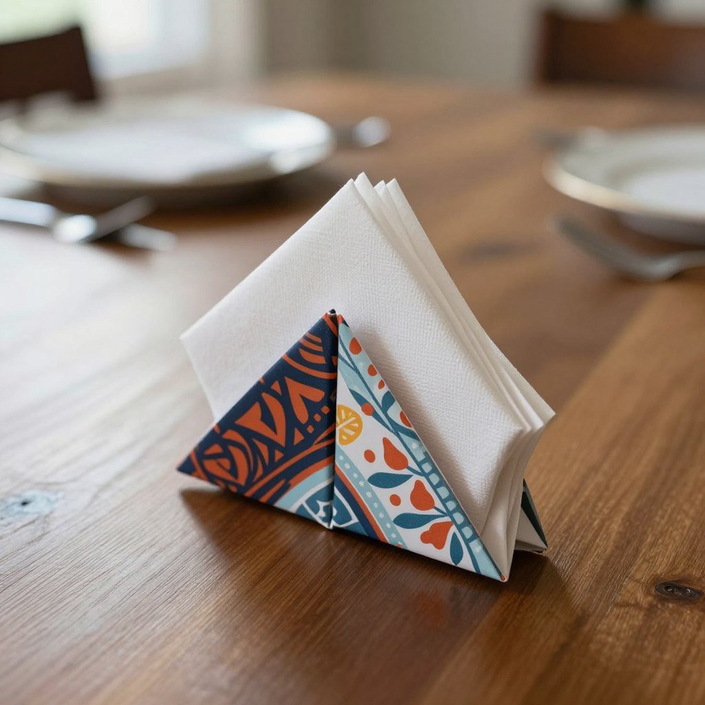 Origami napkin holder on a dining table with folded cloth napkins