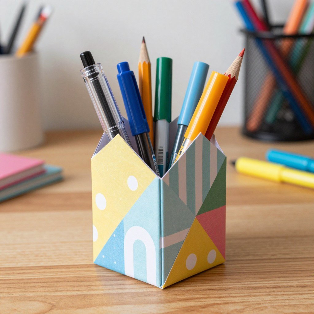 Origami pencil holder on a desk filled with pens, pencils, and markers