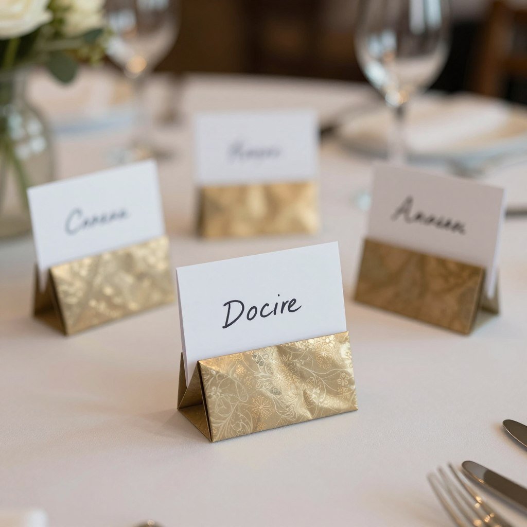 Origami place card holders on a dining table displaying guest names