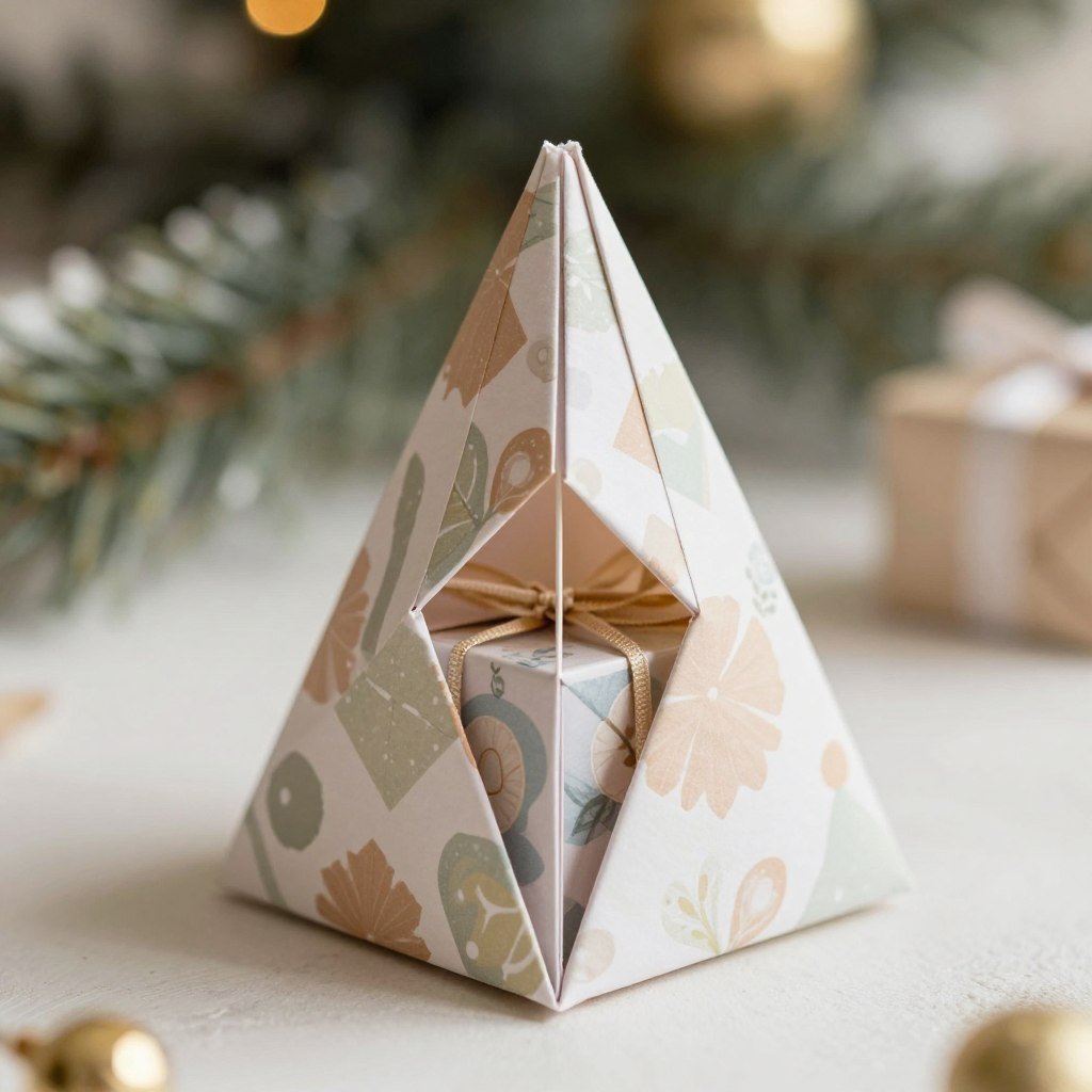 Origami pyramid gift box with decorative closure holding a small gift inside