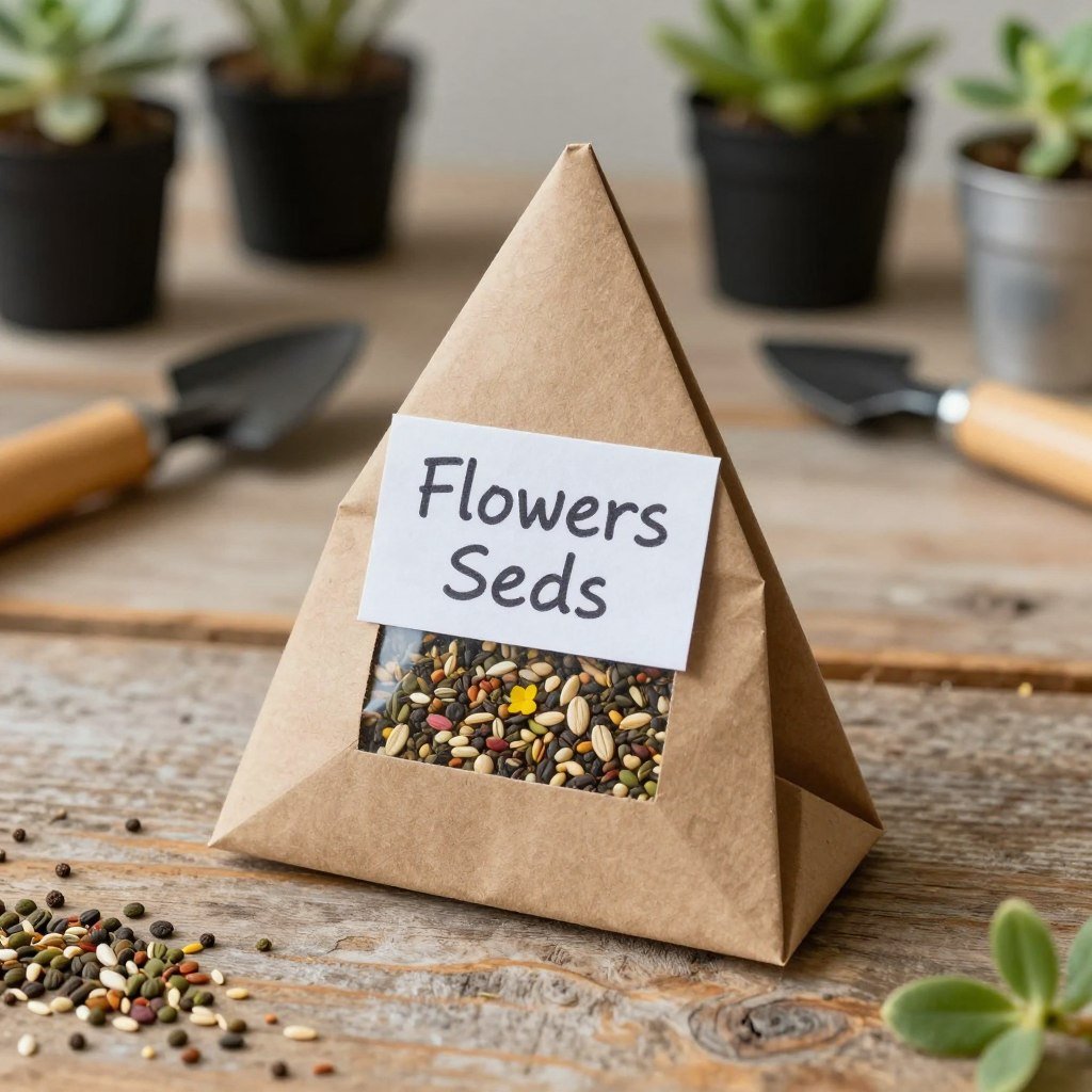 Origami seed packet envelope holding flower seeds with a label on the front