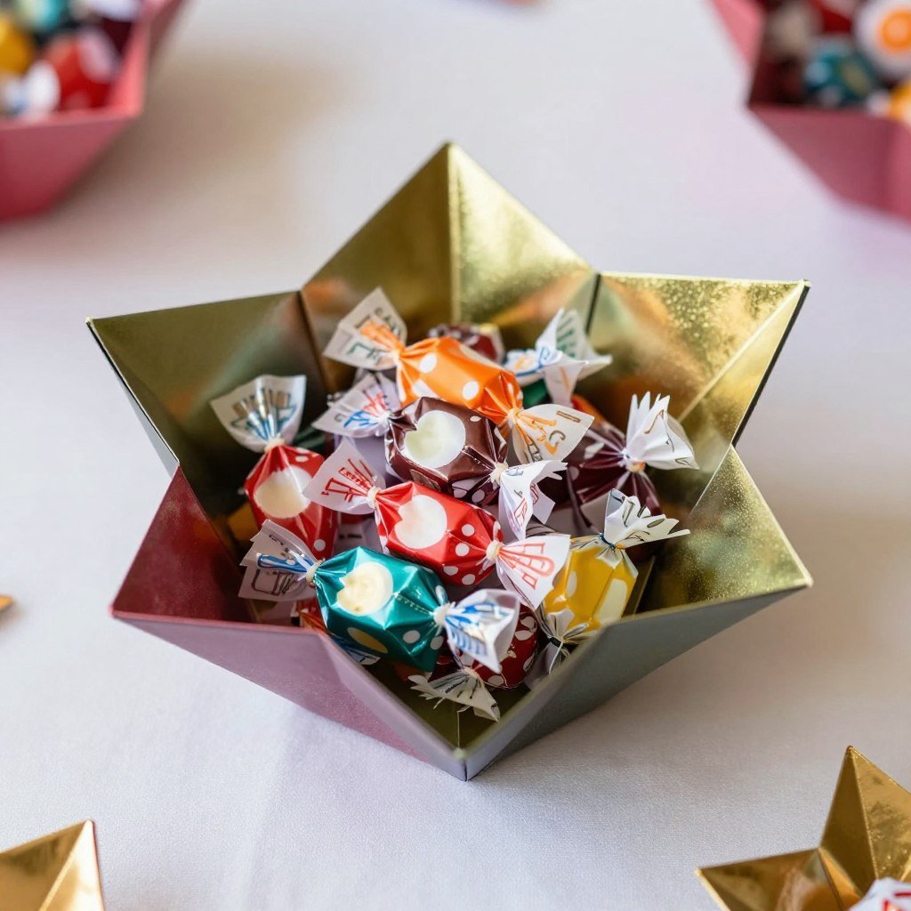Origami star-shaped bowl holding candies or small treats