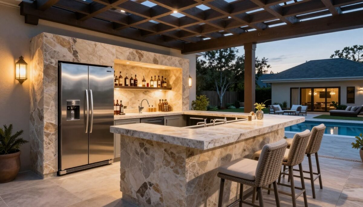 Outdoor patio bar with stone countertop and stainless steel appliances