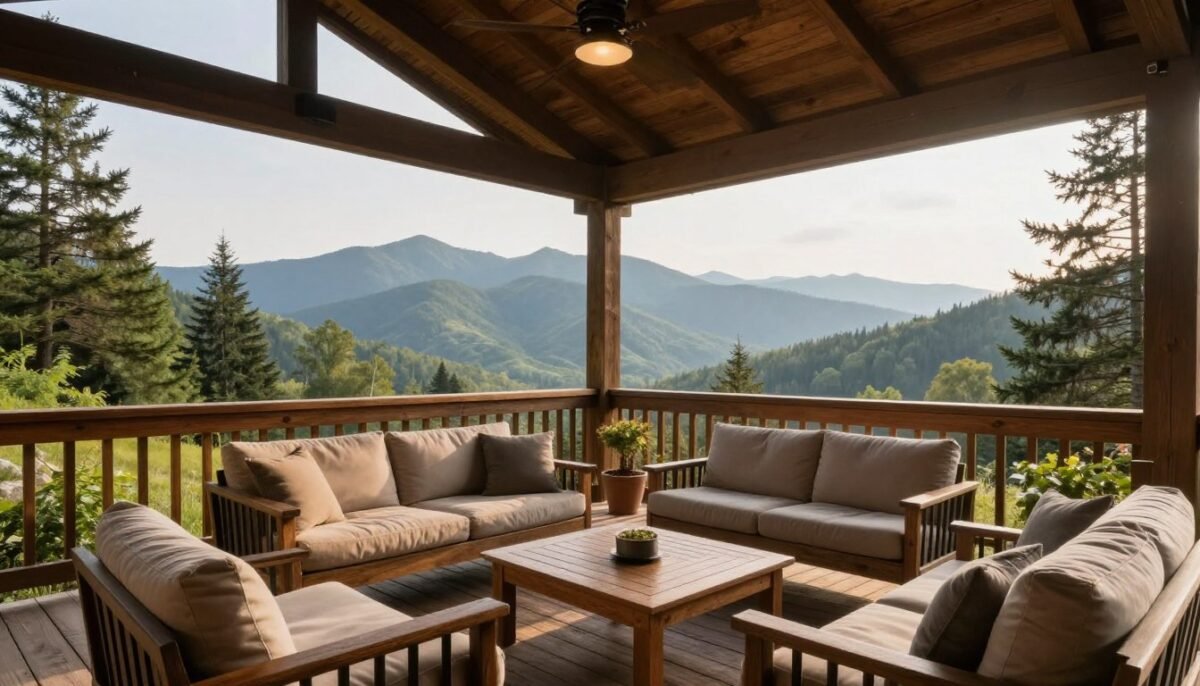 Outdoor terrace at Dancing Bear with mountain views and seating