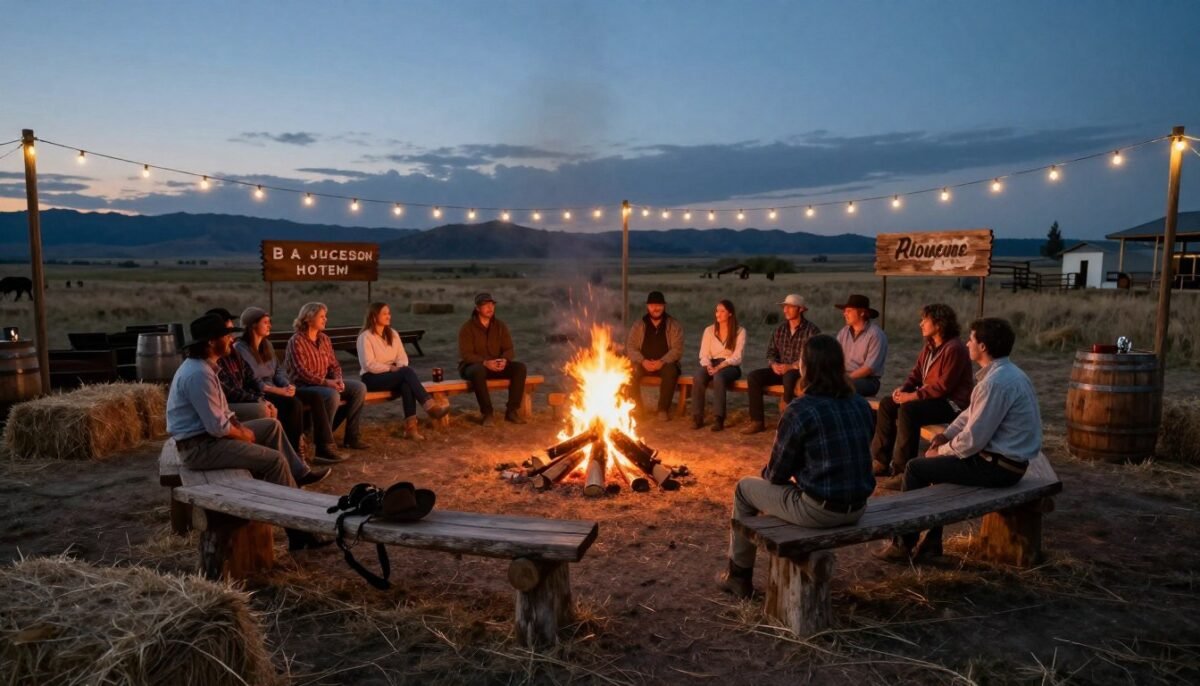 Outdoor western party setup with campfire and log seating