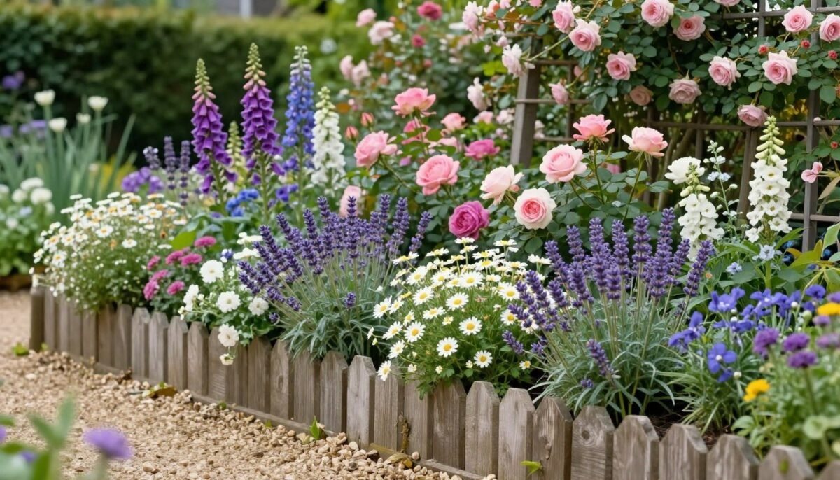Overflowing cottage garden flower bed with mixed plantings