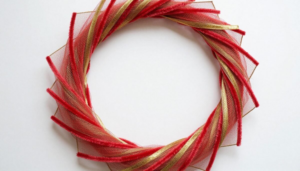 Overhead view of partially completed deco mesh wreath showing attachment method