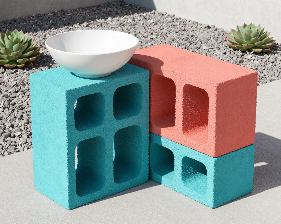 Painted cinder blocks stacked as modern bird bath