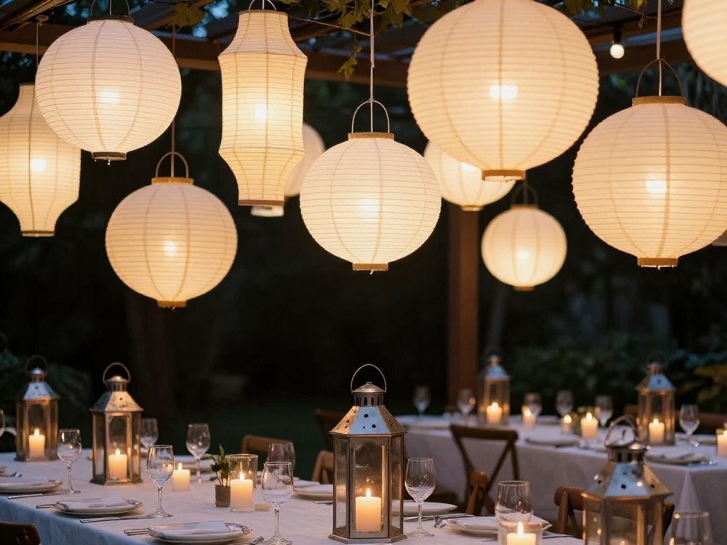 Paper lanterns and candle lanterns creating ambient wedding reception lighting