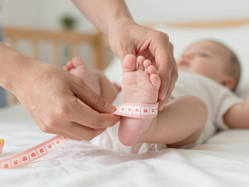 Parent measuring baby foot for shoe sizing