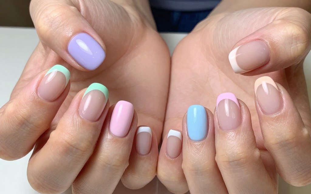Pastel rainbow French tips in different colors on each nail