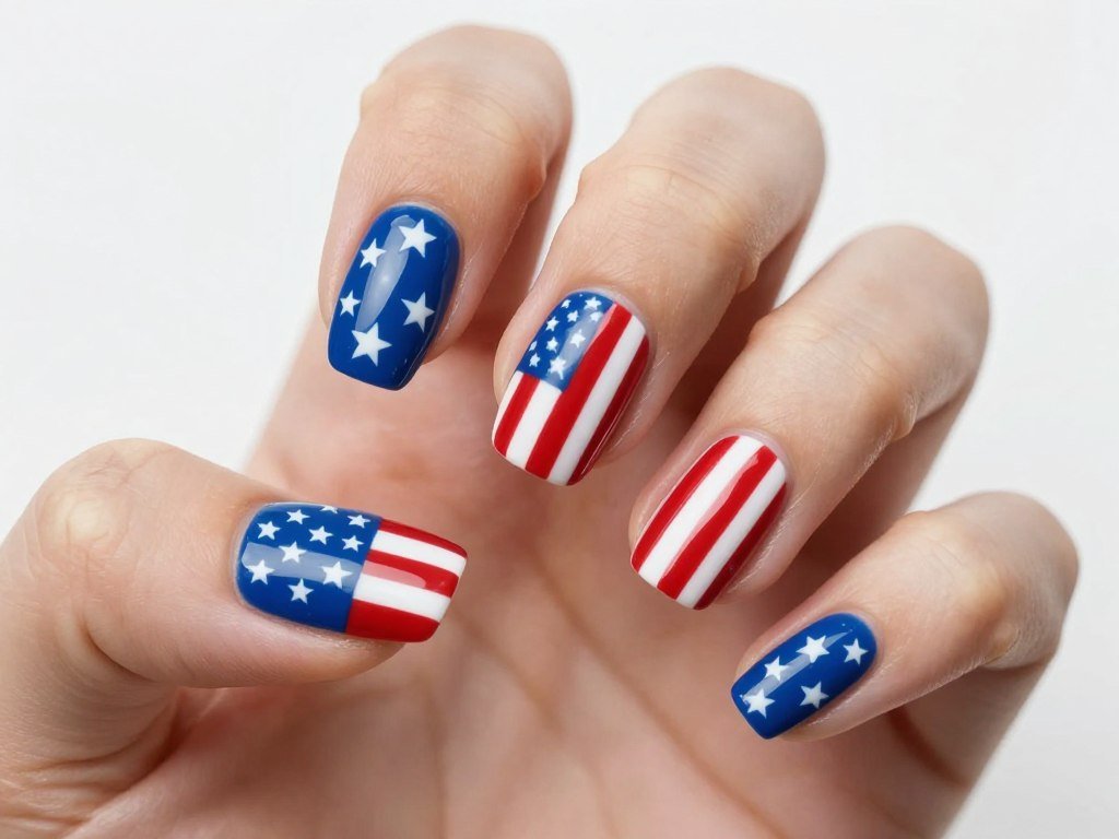 Patriotic June nails with stars and stripes in red white and blue