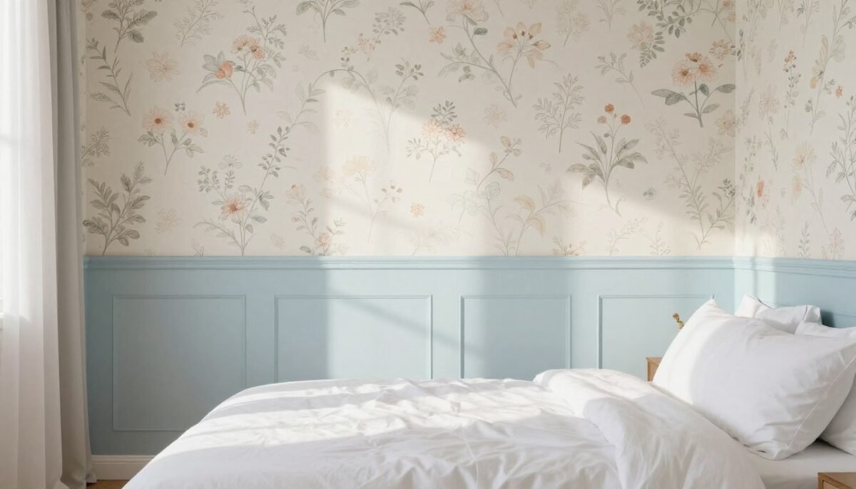 Peaceful bedroom with soft floral wallpaper above pale blue paint