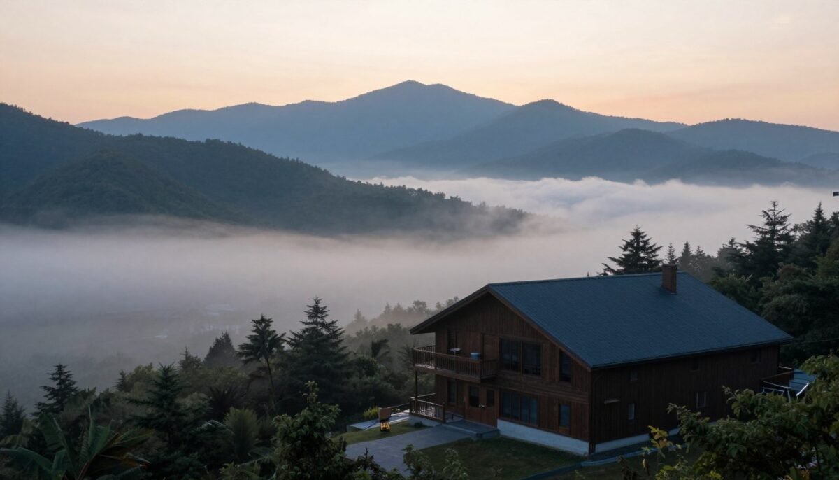 Peaceful morning scene at Dancing Bear Lodge with mist over mountains