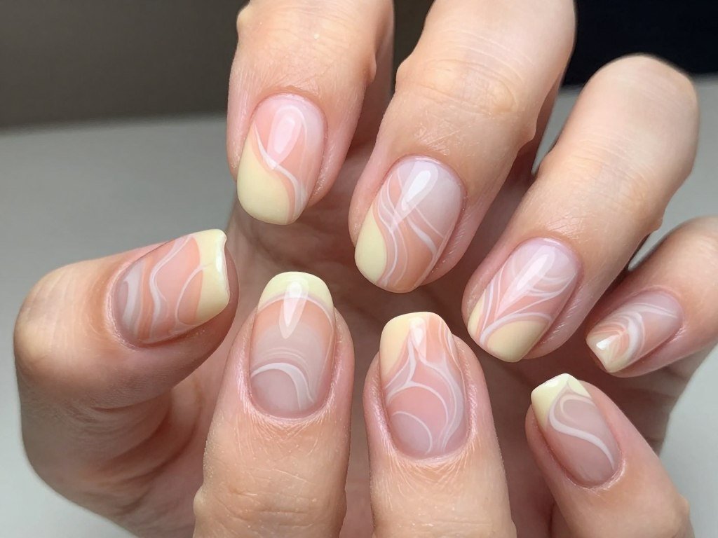 Peach and cream marble swirl nail design