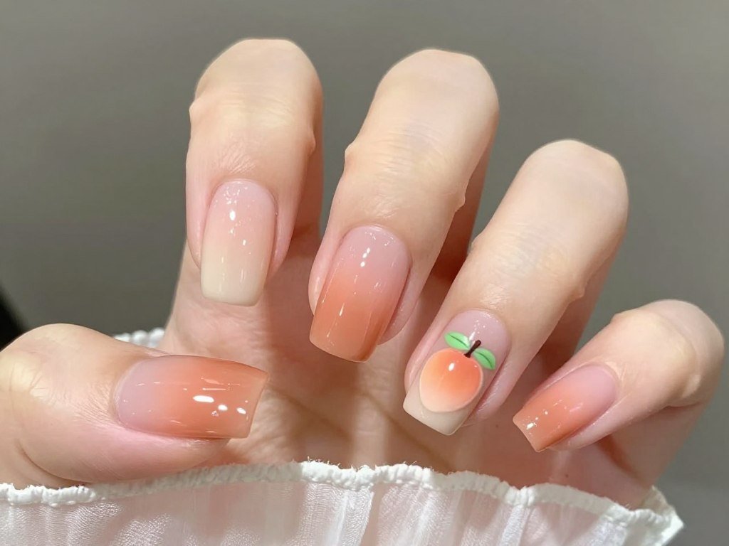 Peachy keen June nails with peach colored gradient and fruit details
