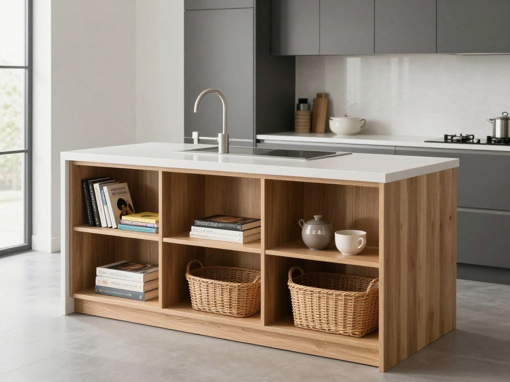 Peninsula island with open shelving and display storage