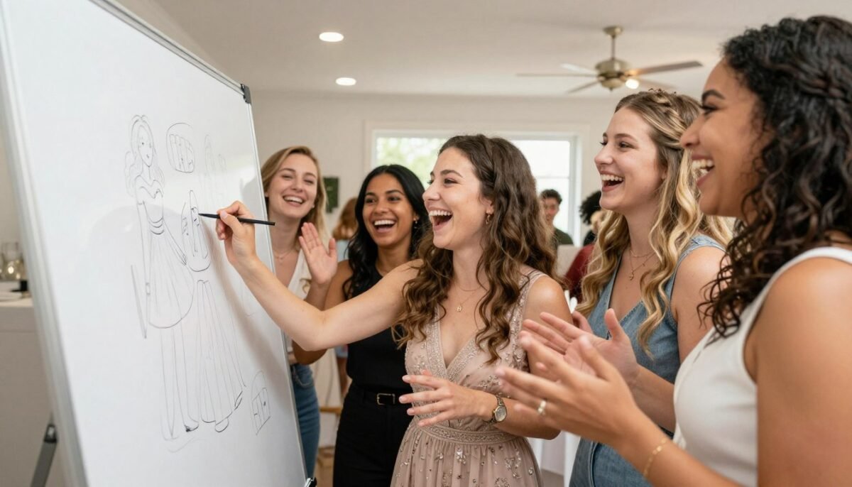 People playing pictionary drawing game at party with whiteboard