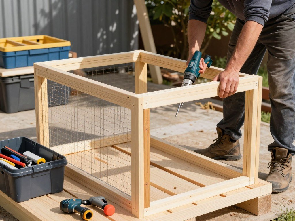 Person building chicken coop with proper tools and techniques