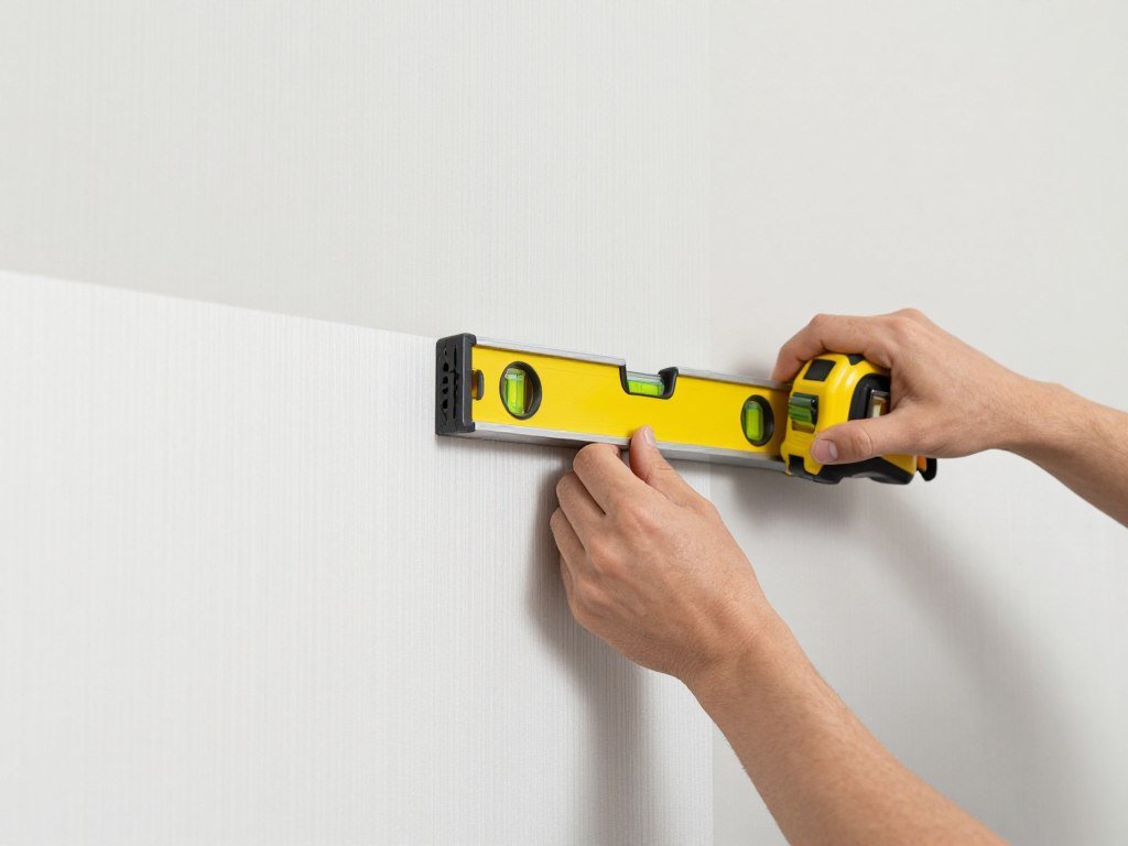 Person measuring wall height for half wallpaper half paint division