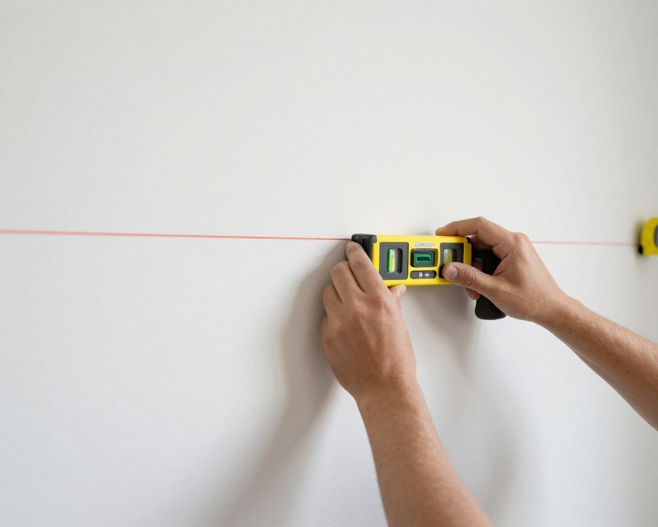 Person using level tool to mark horizontal line on wall for half wallpaper half paint design