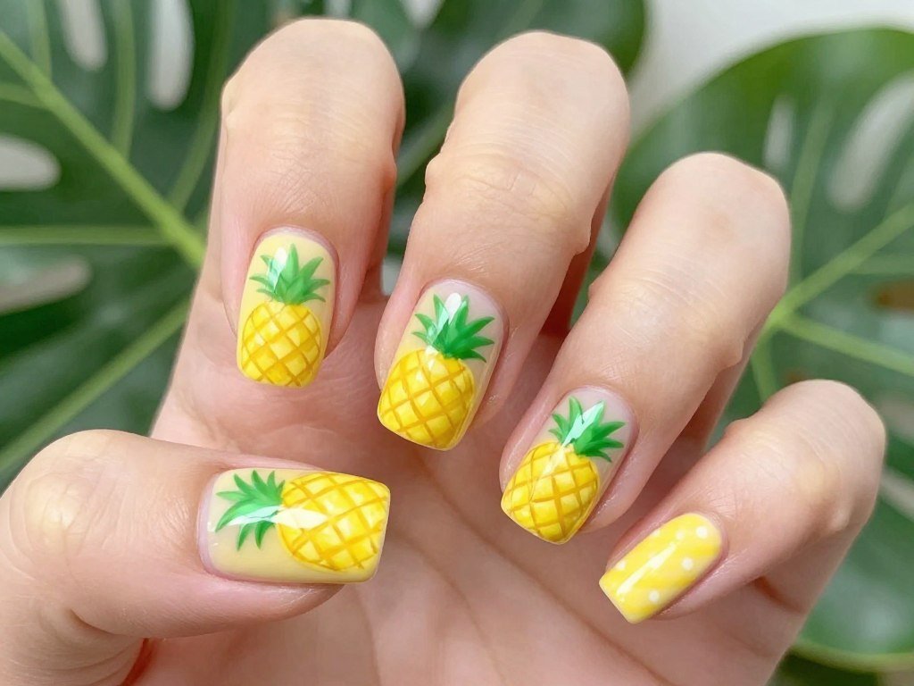 Pineapple party June nails with yellow pineapples and green leaves