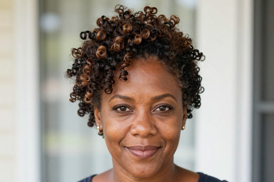 Pineapple updo hairstyle showing gathered curls for older Black women