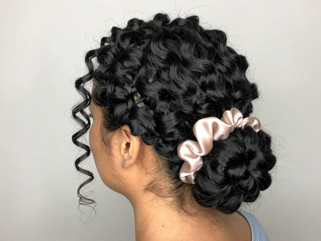 Pineapple updo showing curl preservation and natural volume
