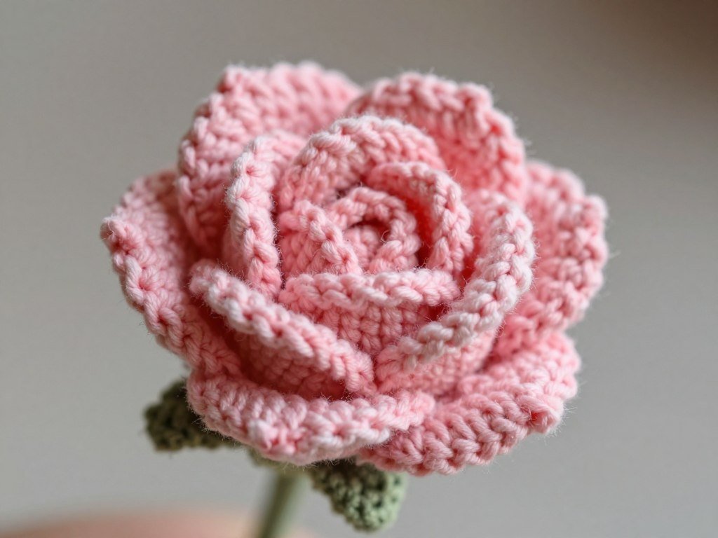 Pink rose bud crochet flower showing dimensional spiral petals