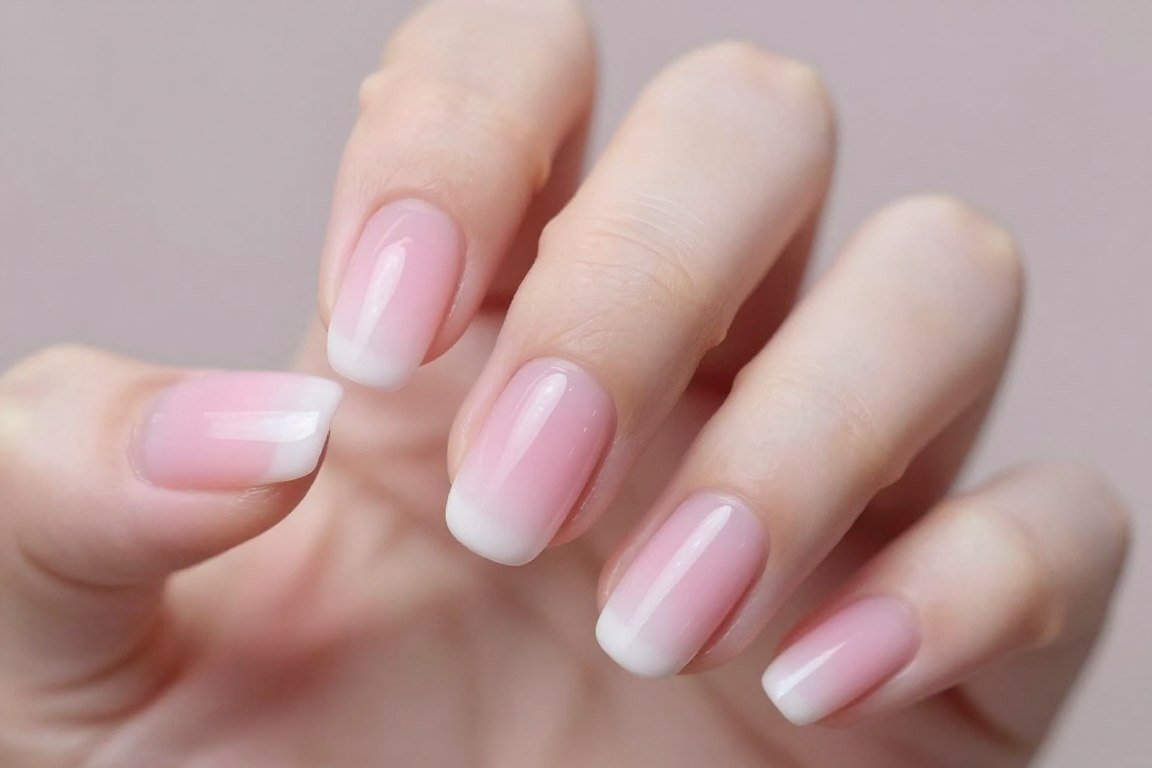 Pink to white ombre French tips on short oval nails