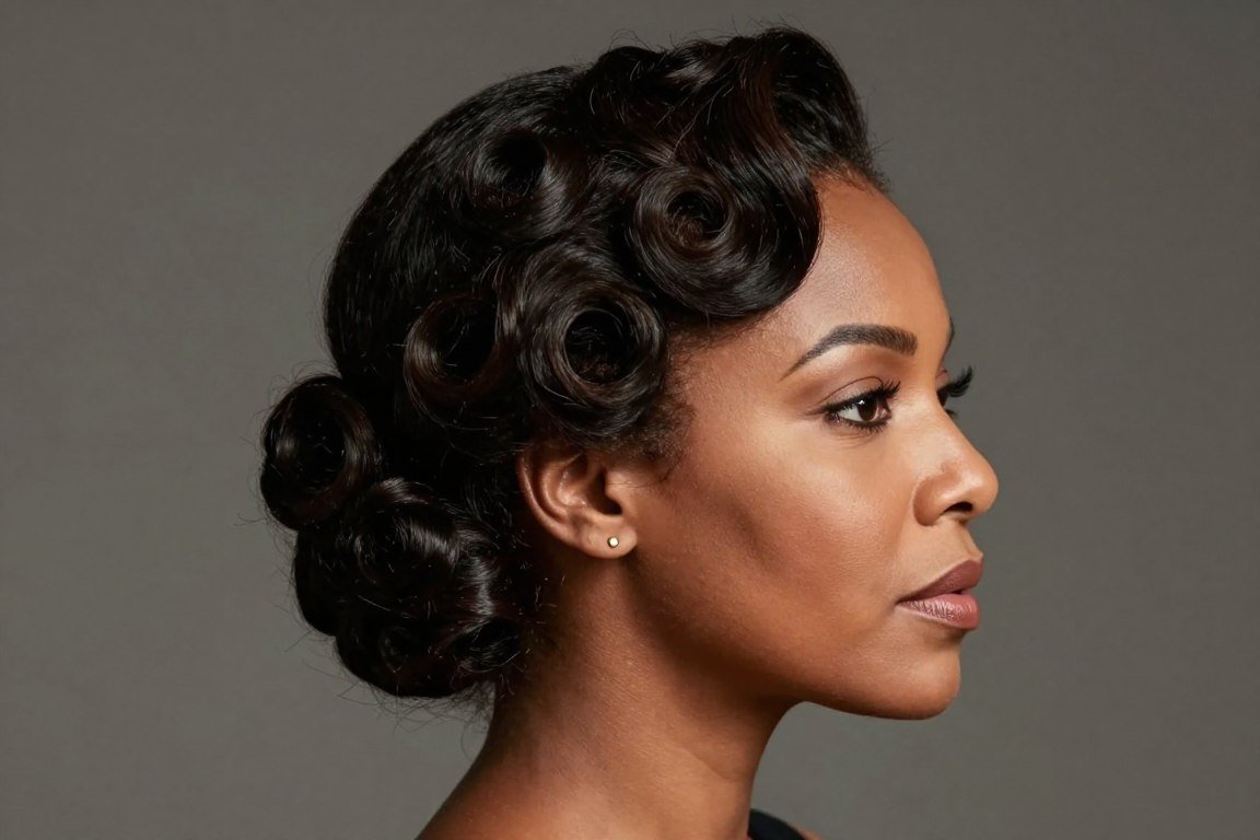 Pinned curl updo hairstyle showing vintage glamour for Black women