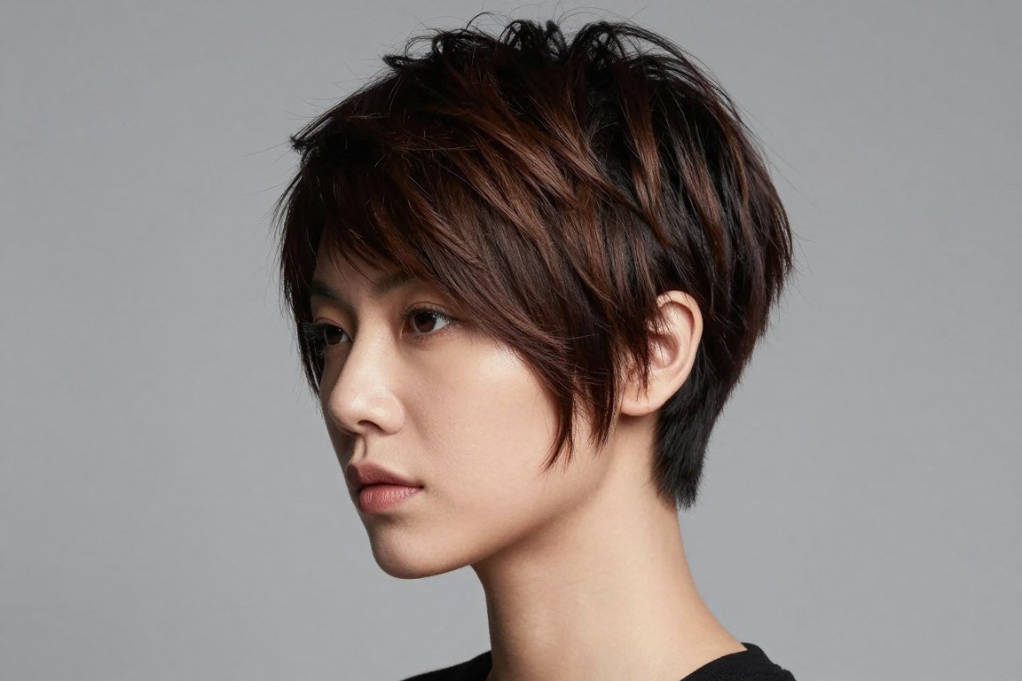 Pixie-bob hybrid hairstyle with choppy layers blending short and bob lengths for fine hair