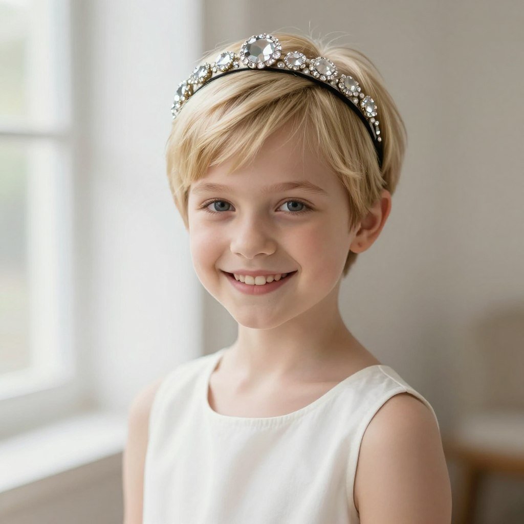 Pixie cut flower girl hairstyle with jeweled headband accessory
