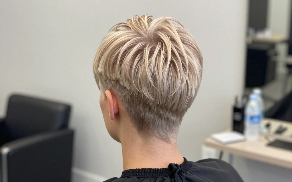 Pixie cut with tapered nape showing volume at crown