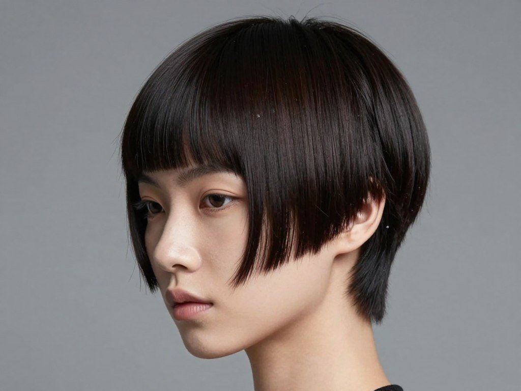 Pixie haircut with blunt fringe