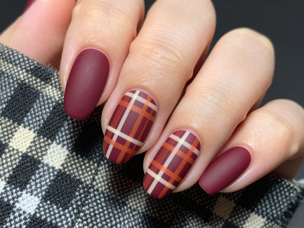 Plaid pattern October nails with burgundy, orange, and cream crossing lines