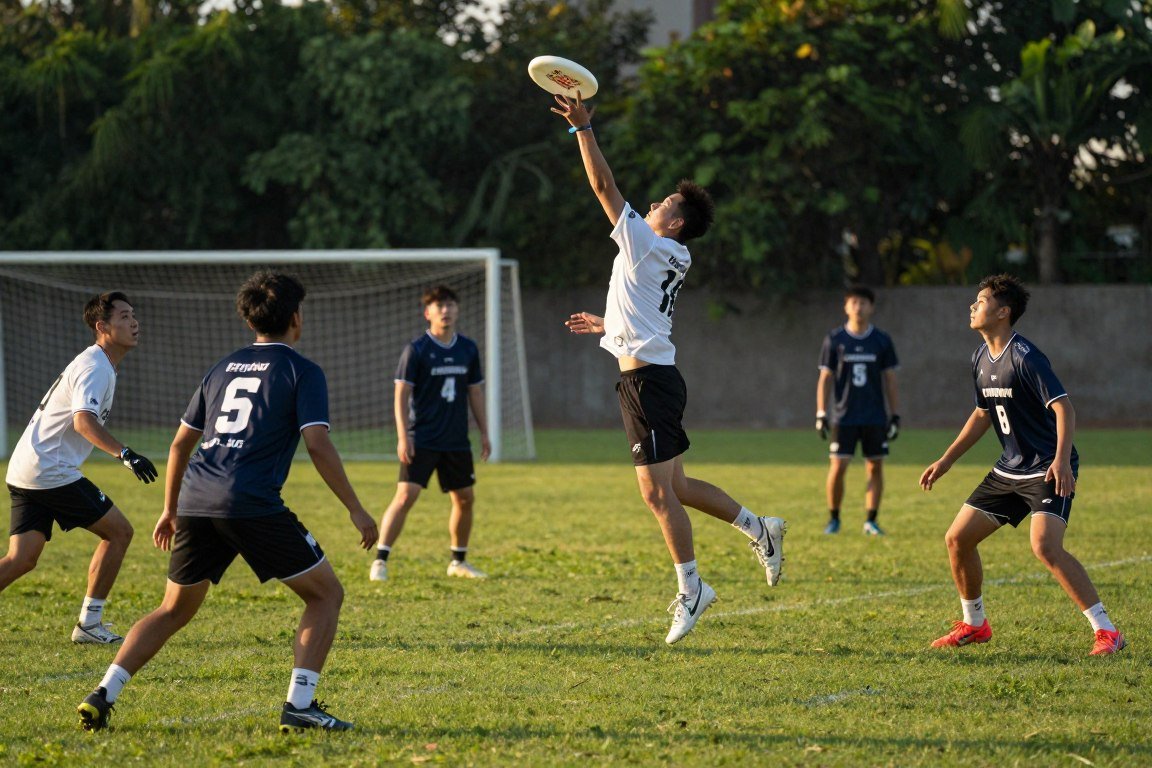 Players engaged in an exciting ultimate frisbee game on a grass field