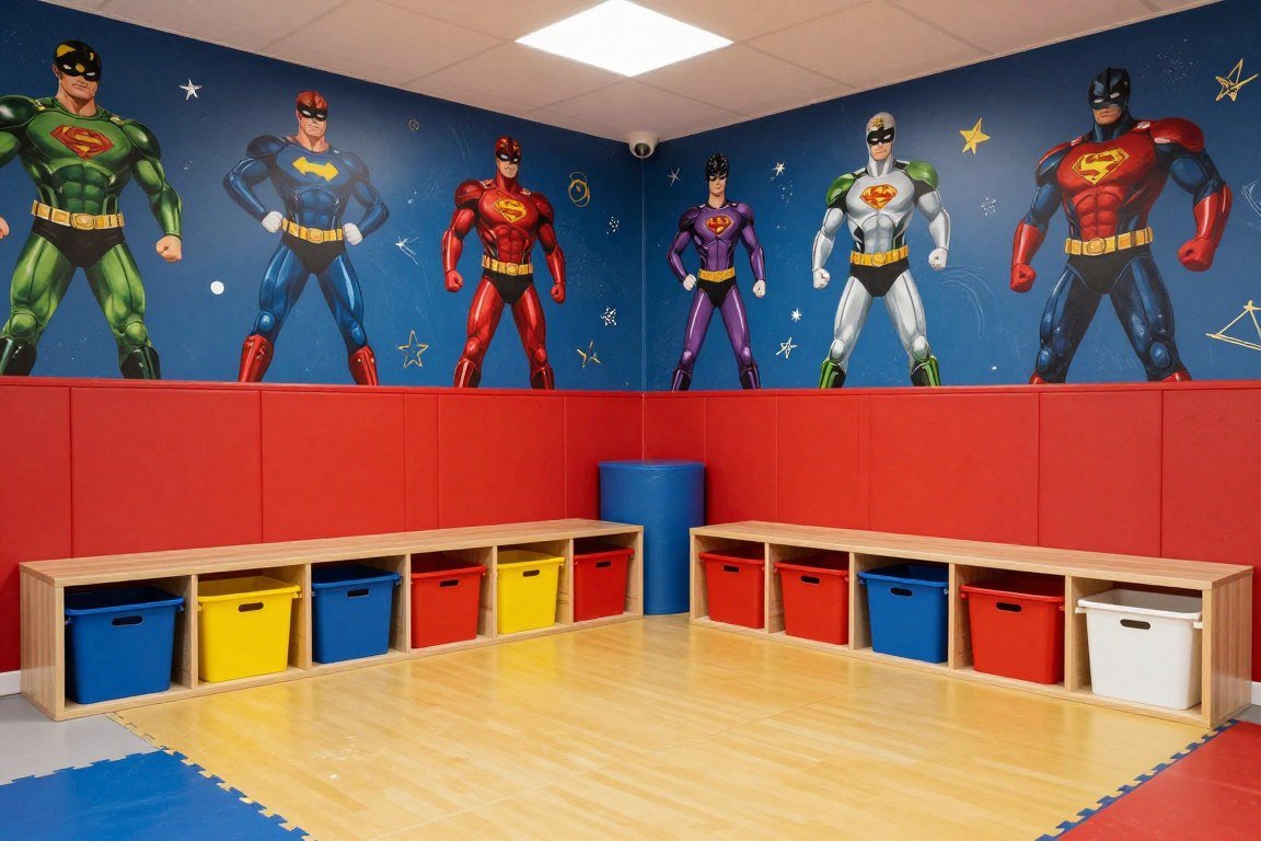 Playroom with superhero wallpaper and red paint