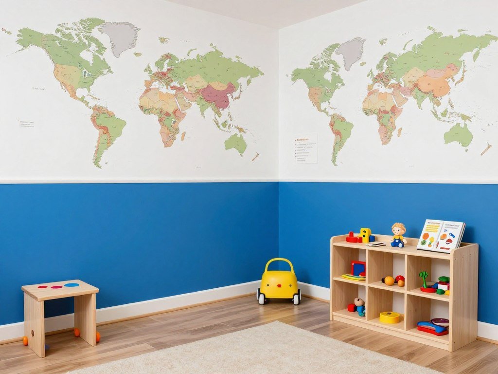 Playroom with world map wallpaper and blue paint
